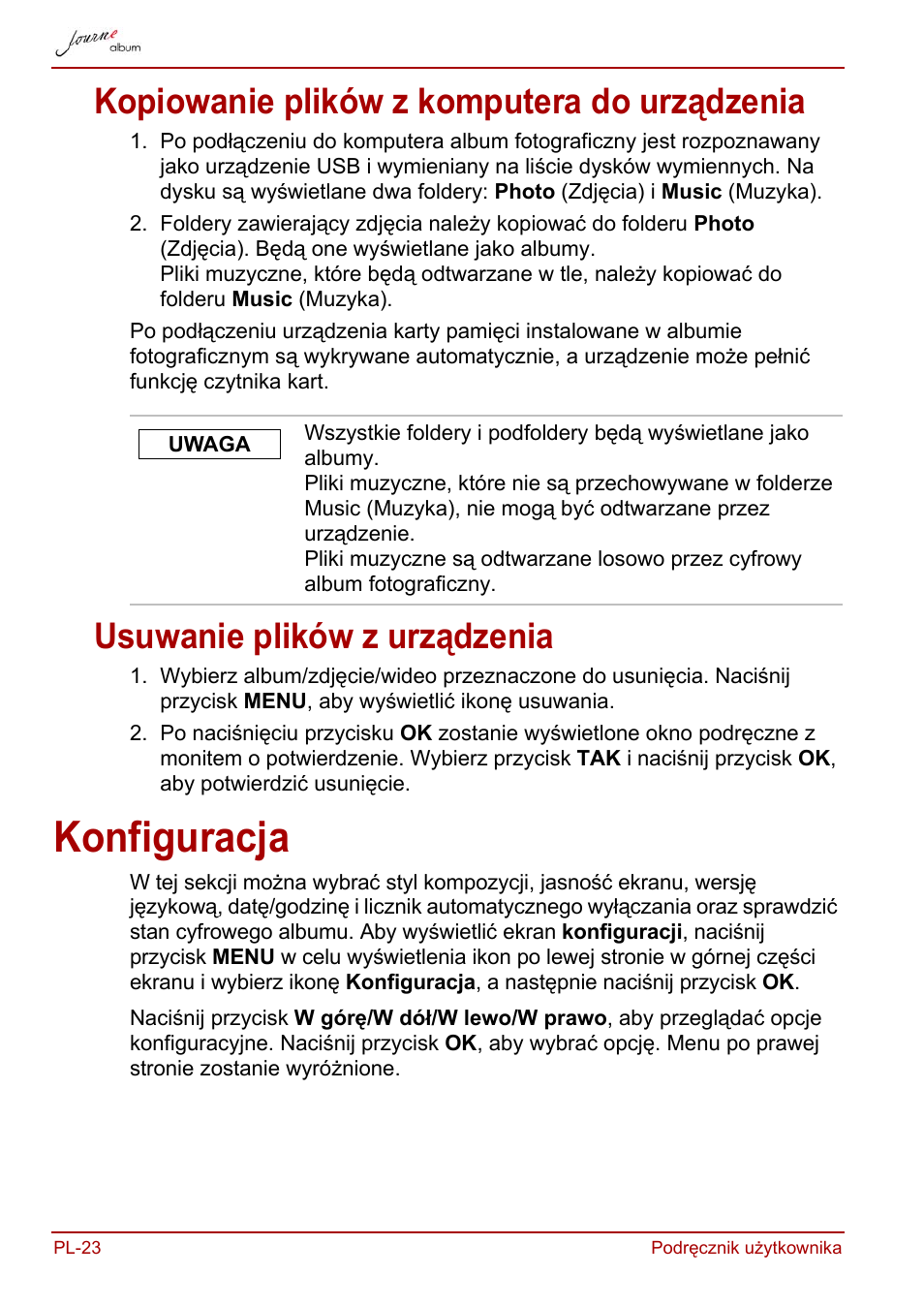 Kopiowanie plików z komputera do urządzenia, Usuwanie plików z urządzenia, Konfiguracja | Toshiba JournE album User Manual | Page 216 / 420