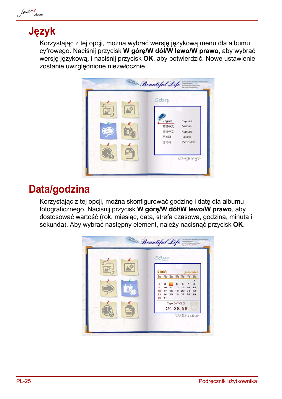 Język, Data/godzina, Język data/godzina | Toshiba JournE album User Manual | Page 218 / 420