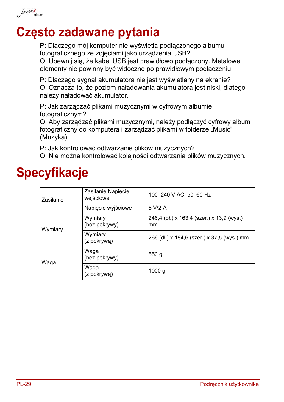 Często zadawane pytania, Specyfikacje, Często zadawane pytania specyfikacje | Toshiba JournE album User Manual | Page 222 / 420