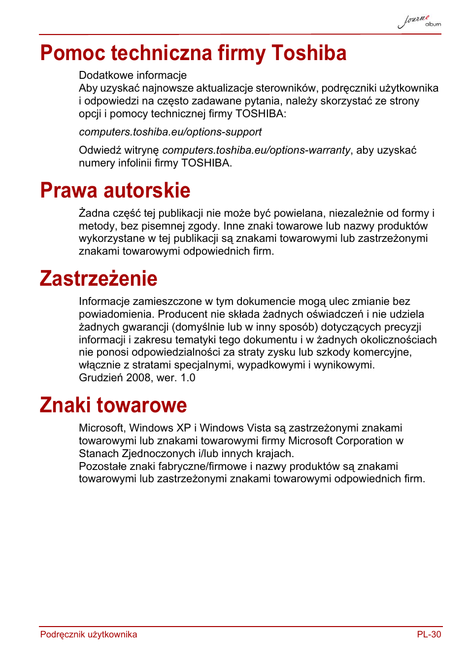 Pomoc techniczna firmy toshiba, Prawa autorskie, Zastrzeżenie | Znaki towarowe | Toshiba JournE album User Manual | Page 223 / 420