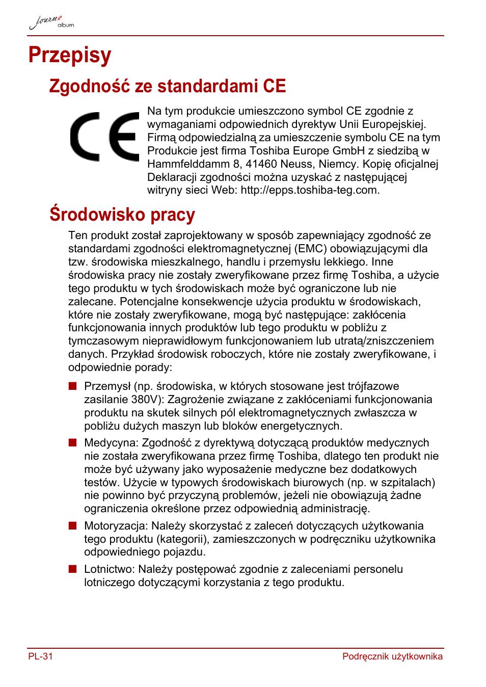 Przepisy, Zgodność ze standardami ce, Środowisko pracy | Zgodność ze standardami ce środowisko pracy | Toshiba JournE album User Manual | Page 224 / 420