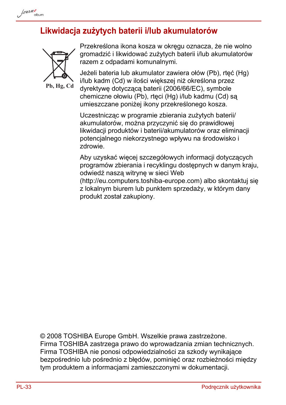 Likwidacja zużytych baterii i/lub akumulatorów | Toshiba JournE album User Manual | Page 226 / 420