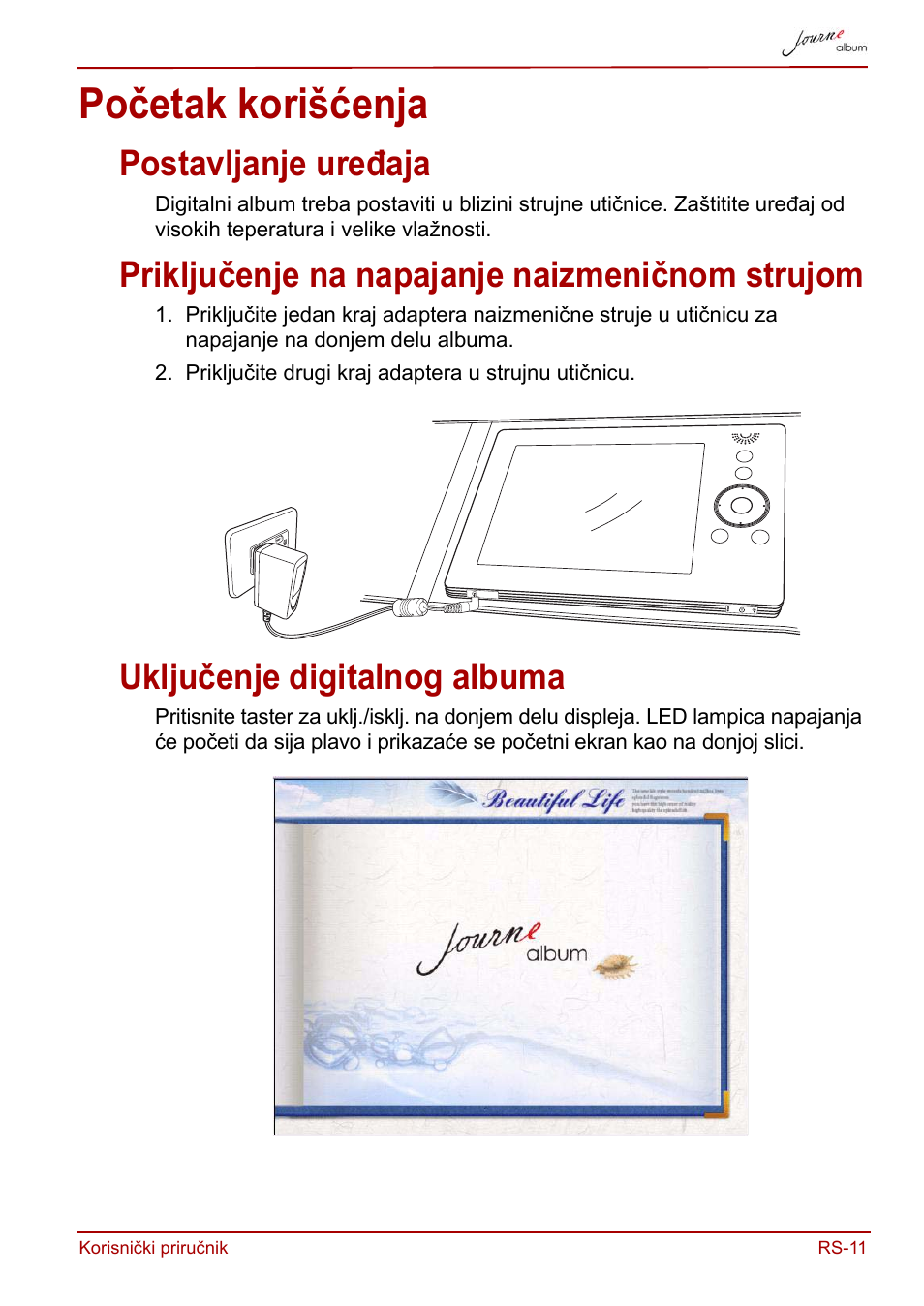 Početak korišćenja, Postavljanje uređaja, Priključenje na napajanje naizmeničnom strujom | Uključenje digitalnog albuma | Toshiba JournE album User Manual | Page 237 / 420