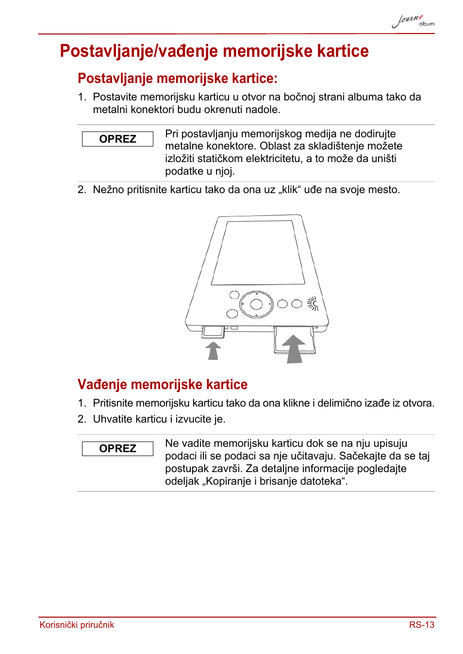 Postavljanje/vađenje memorijske kartice, Postavljanje memorijske kartice, Vađenje memorijske kartice | Toshiba JournE album User Manual | Page 239 / 420