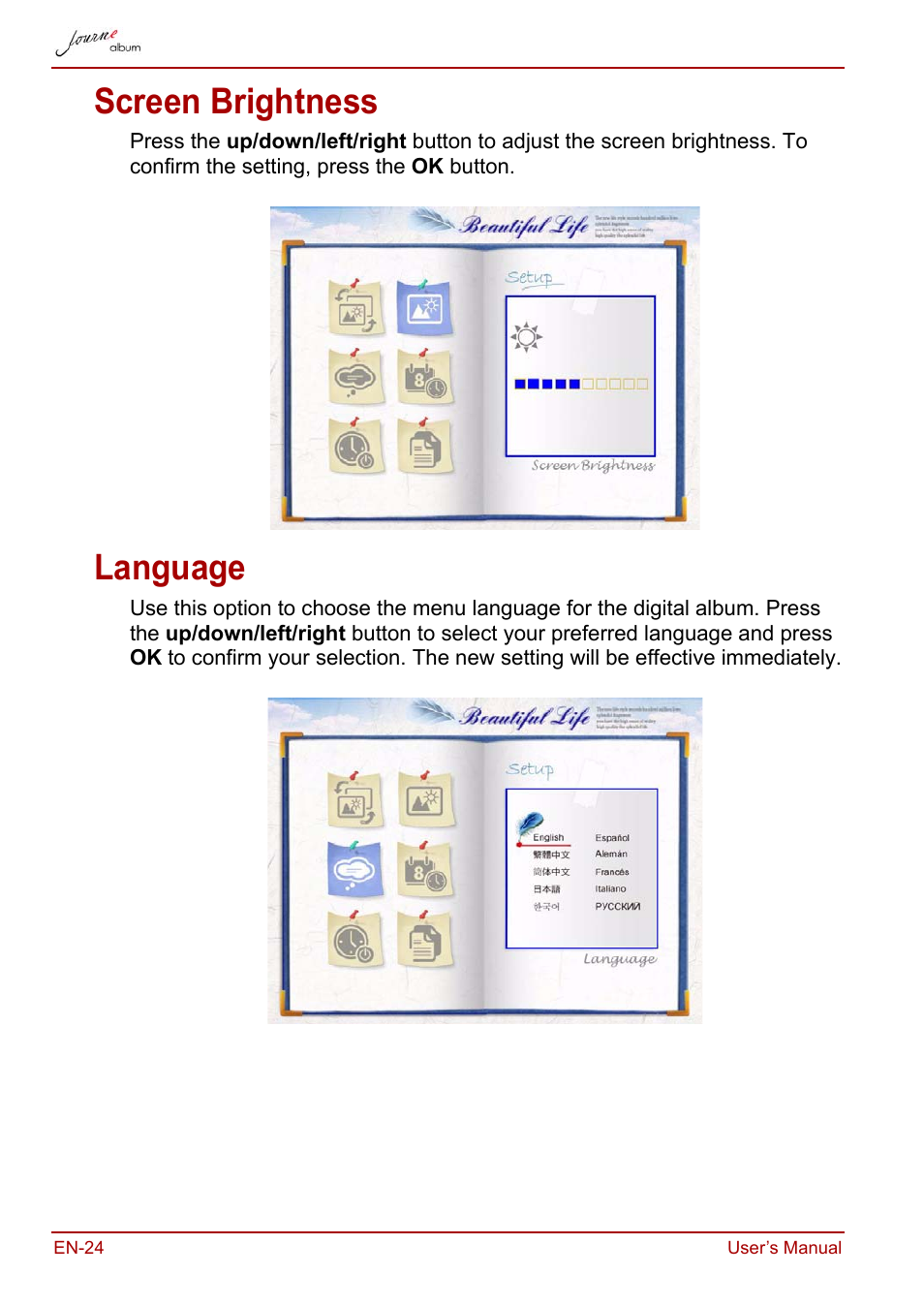 Screen brightness, Language, Screen brightness language | Toshiba JournE album User Manual | Page 24 / 420