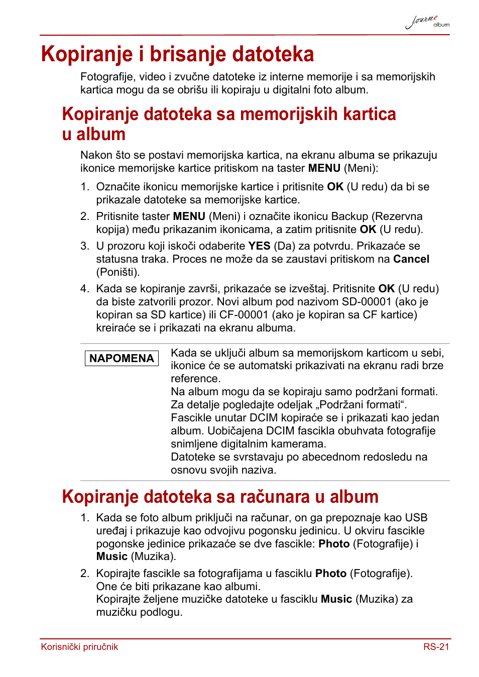 Kopiranje i brisanje datoteka, Kopiranje datoteka sa memorijskih kartica u album, Kopiranje datoteka sa računara u album | Toshiba JournE album User Manual | Page 247 / 420