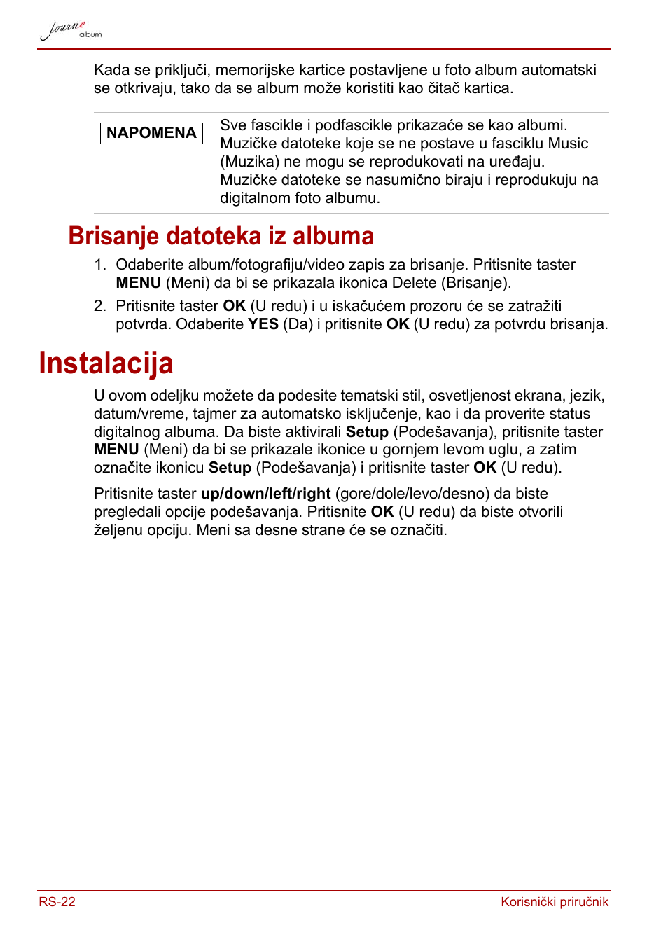 Brisanje datoteka iz albuma, Instalacija | Toshiba JournE album User Manual | Page 248 / 420