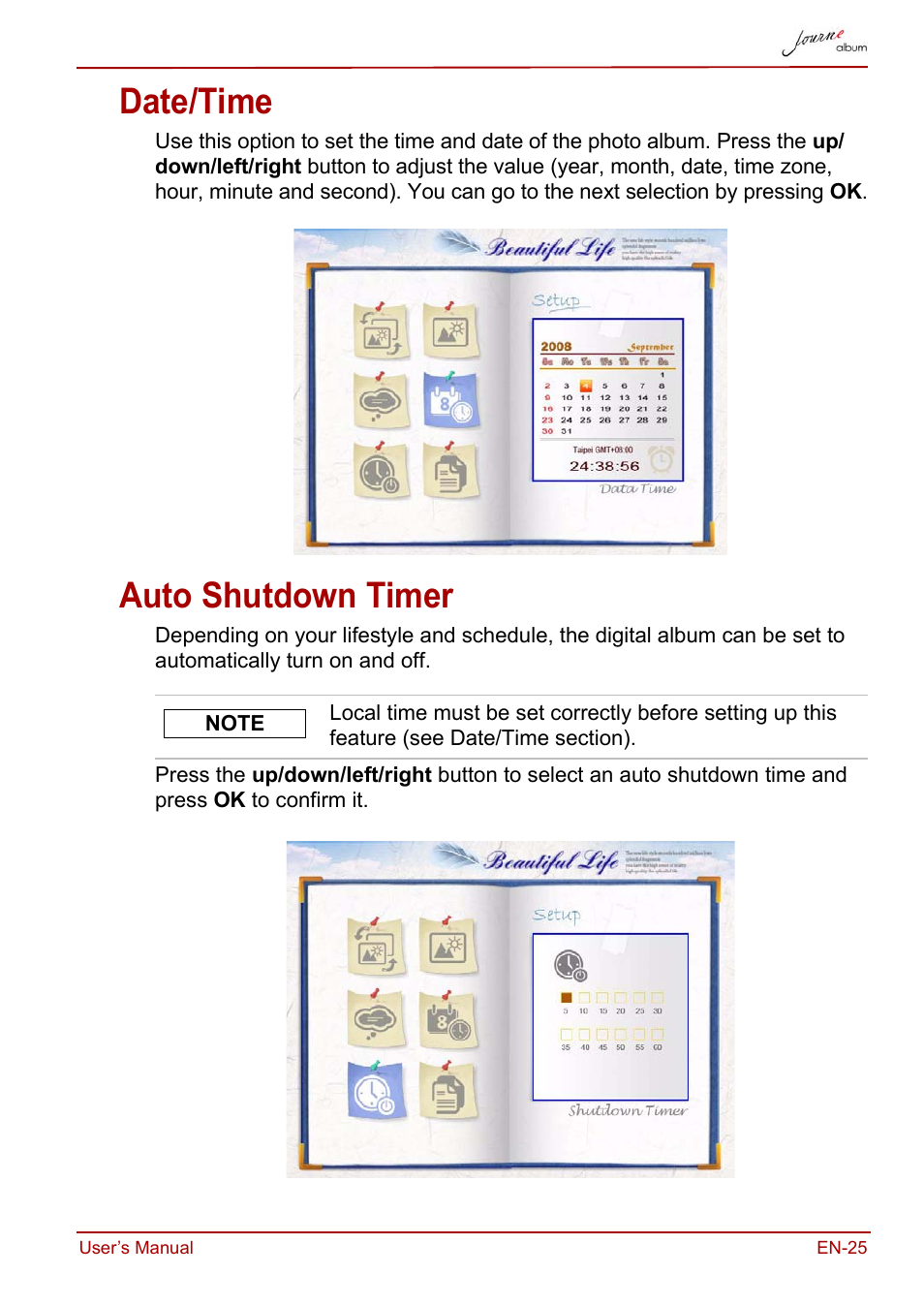 Date/time, Auto shutdown timer, Date/time auto shutdown timer | Toshiba JournE album User Manual | Page 25 / 420