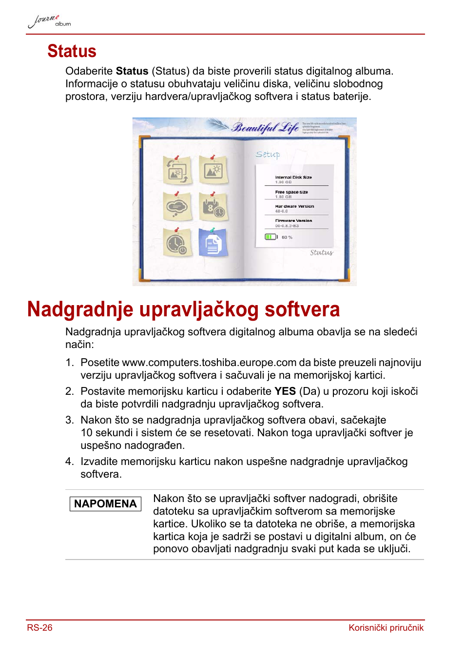 Status, Nadgradnje upravljačkog softvera | Toshiba JournE album User Manual | Page 252 / 420