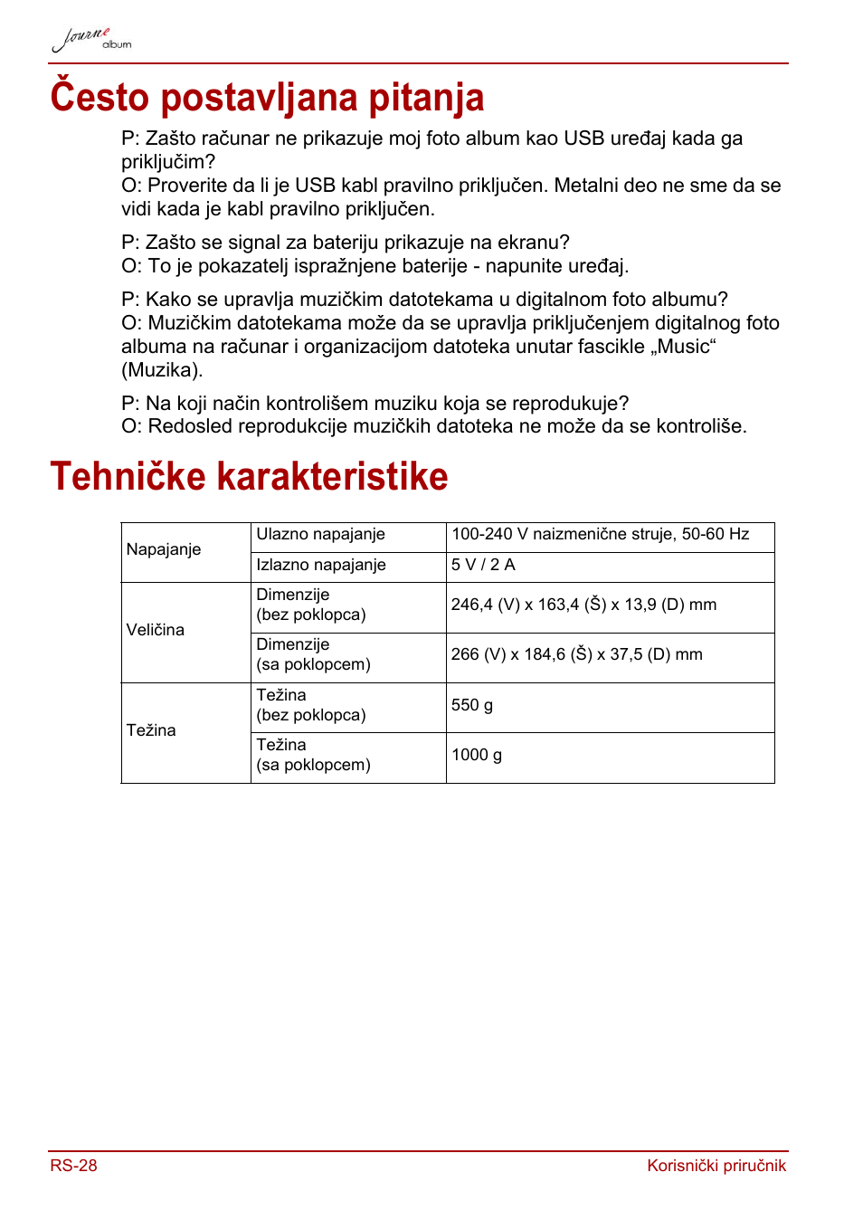 Često postavljana pitanja, Tehničke karakteristike, Često postavljana pitanja tehničke karakteristike | Toshiba JournE album User Manual | Page 254 / 420