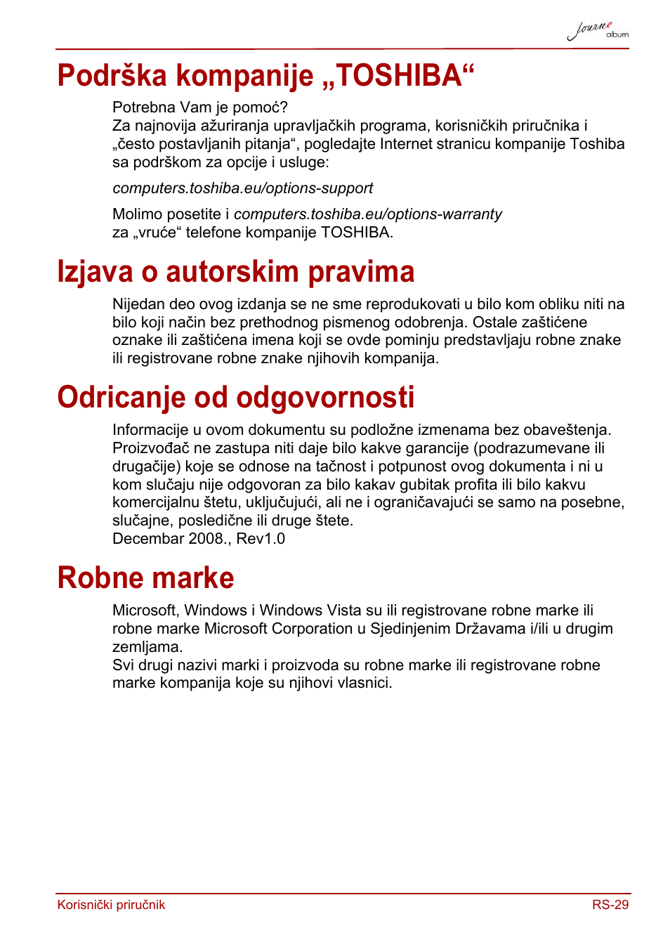 Podrška kompanije „toshiba, Izjava o autorskim pravima, Odricanje od odgovornosti | Robne marke | Toshiba JournE album User Manual | Page 255 / 420