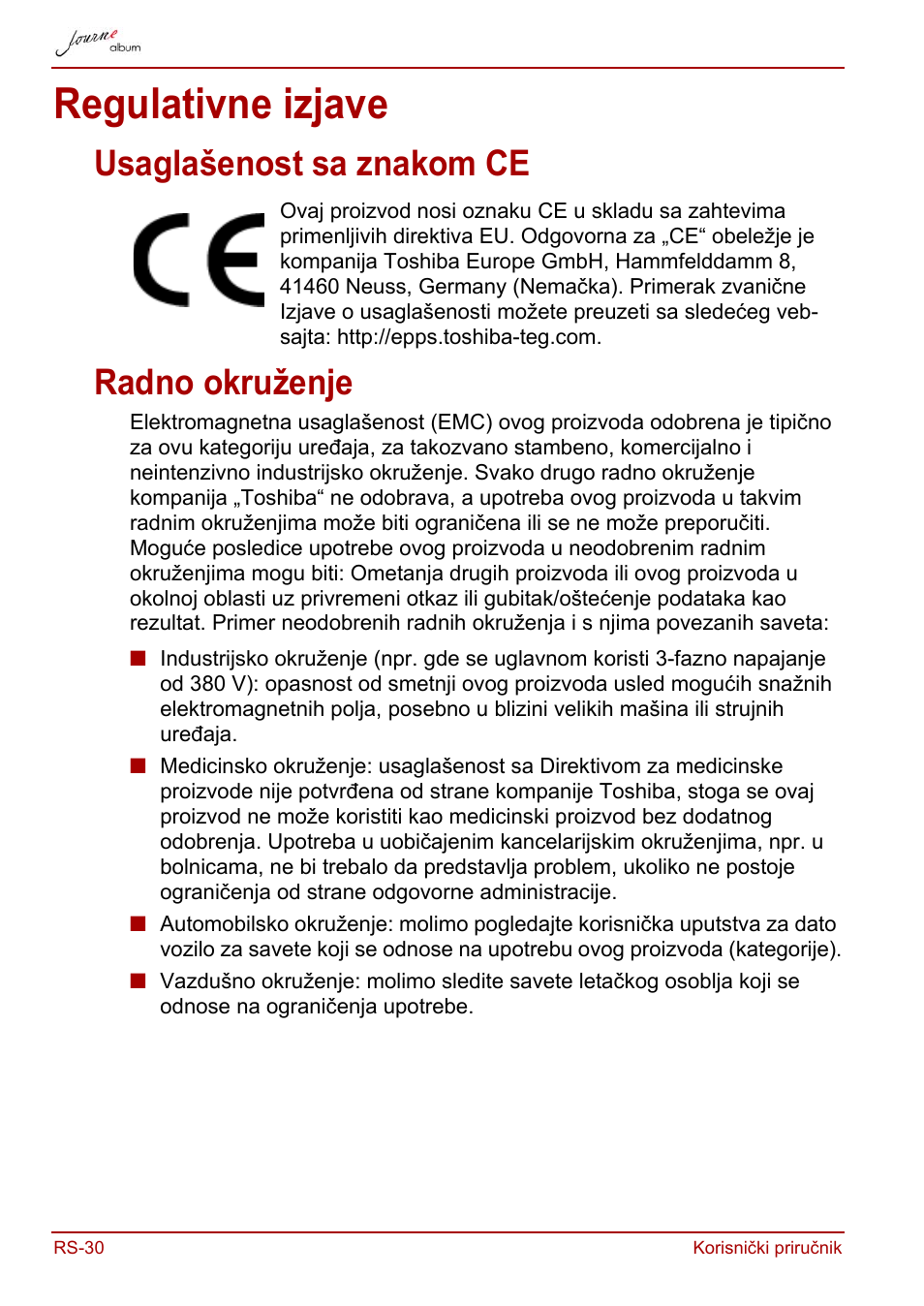 Regulativne izjave, Usaglašenost sa znakom ce, Radno okruženje | Usaglašenost sa znakom ce radno okruženje | Toshiba JournE album User Manual | Page 256 / 420