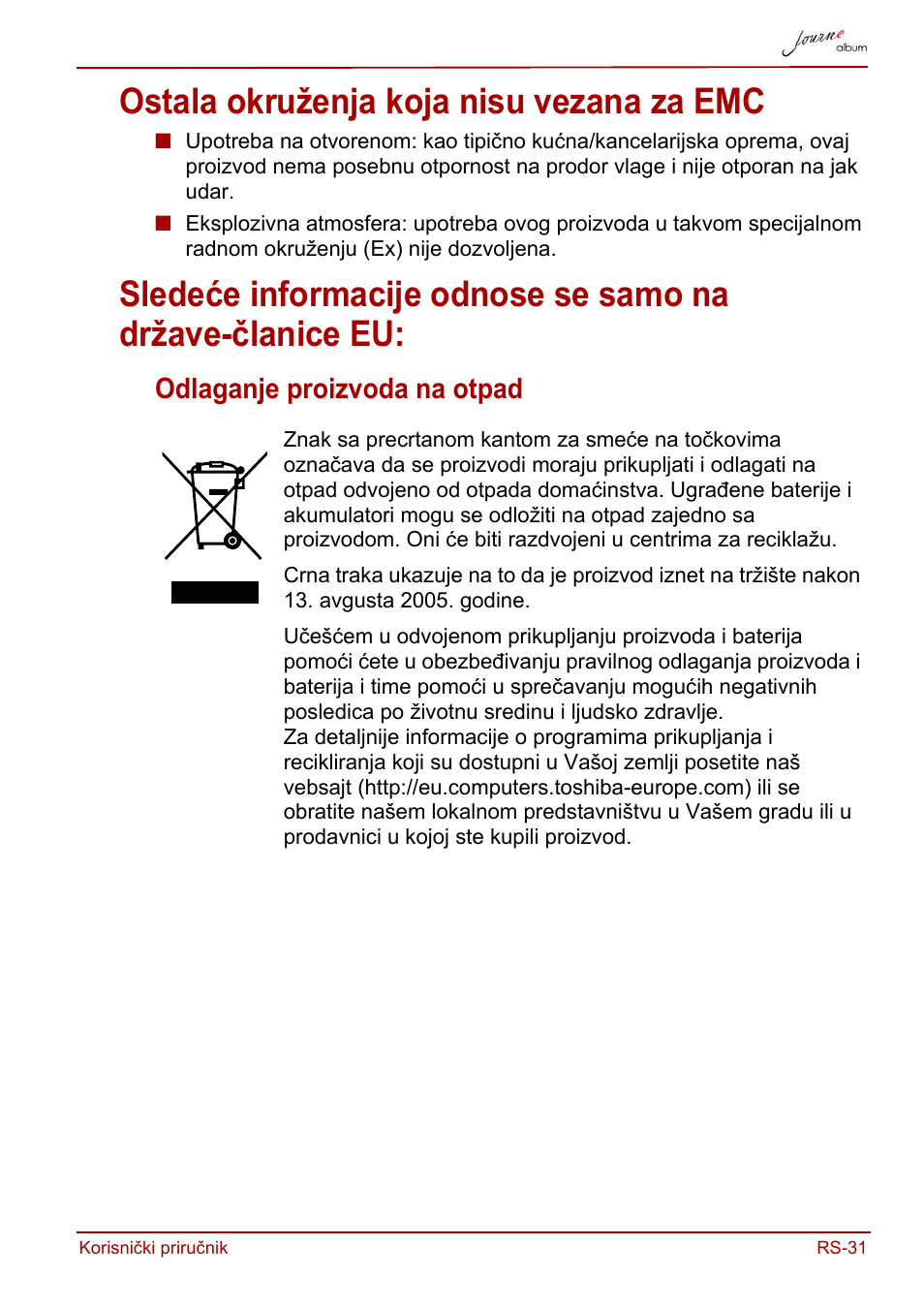 Ostala okruženja koja nisu vezana za emc, Odlaganje proizvoda na otpad | Toshiba JournE album User Manual | Page 257 / 420