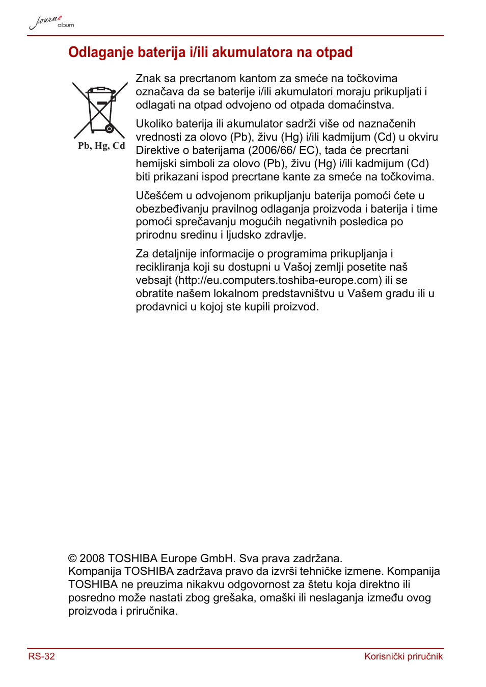 Odlaganje baterija i/ili akumulatora na otpad | Toshiba JournE album User Manual | Page 258 / 420