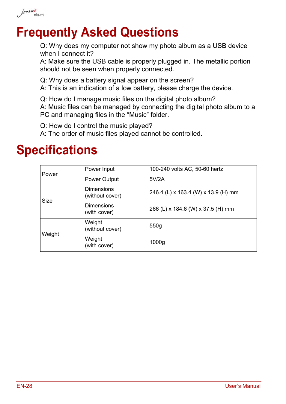 Frequently asked questions, Specifications, Frequently asked questions specifications | Toshiba JournE album User Manual | Page 28 / 420