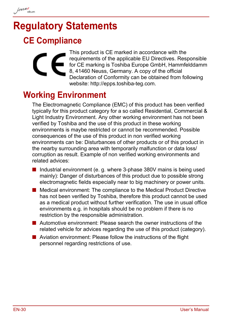 Regulatory statements, Ce compliance, Working environment | Ce compliance working environment | Toshiba JournE album User Manual | Page 30 / 420