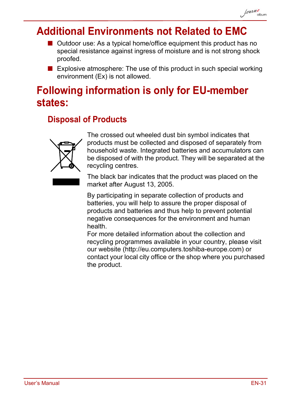 Additional environments not related to emc, Following information is only for eu-member states, Disposal of products | Toshiba JournE album User Manual | Page 31 / 420