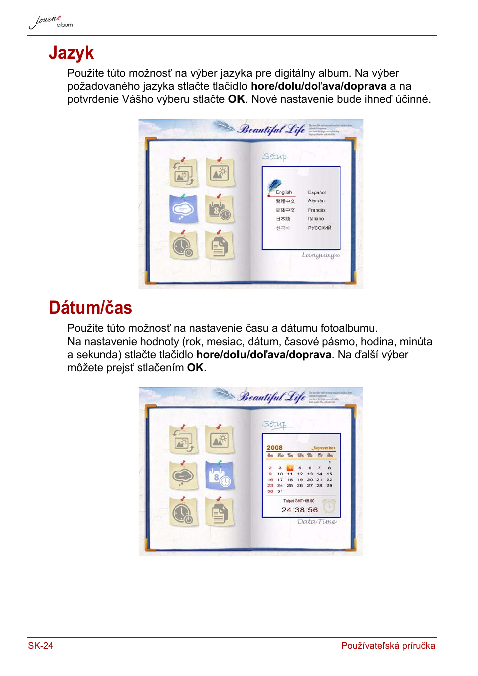 Jazyk, Dátum/čas, Jazyk dátum/čas | Toshiba JournE album User Manual | Page 316 / 420