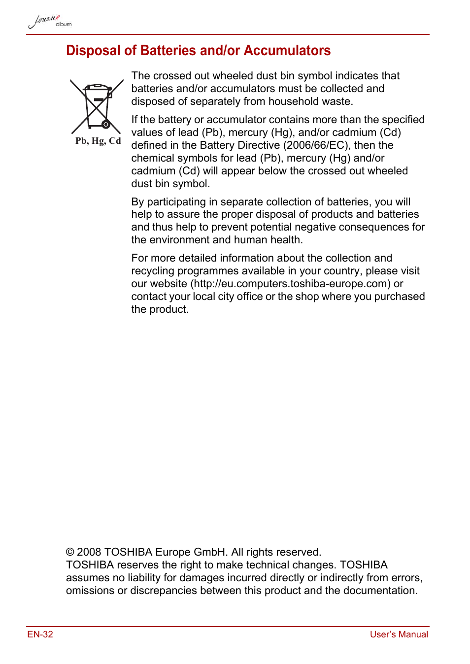 Disposal of batteries and/or accumulators | Toshiba JournE album User Manual | Page 32 / 420