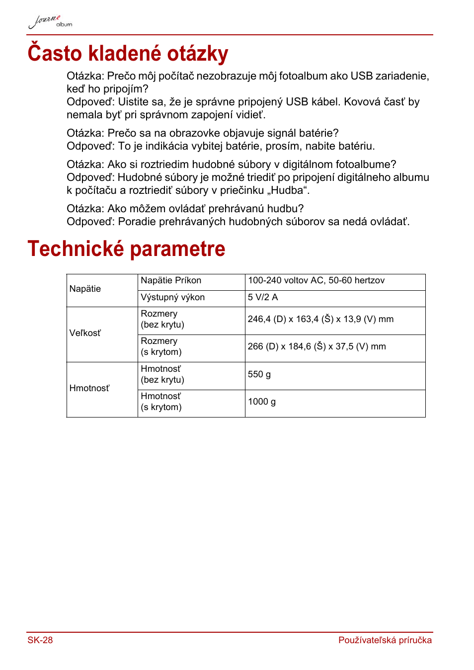 Často kladené otázky, Technické parametre, Často kladené otázky technické parametre | Toshiba JournE album User Manual | Page 320 / 420