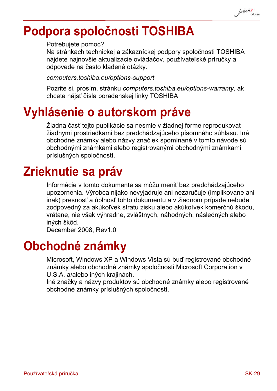 Podpora spoločnosti toshiba, Vyhlásenie o autorskom práve, Zrieknutie sa práv | Obchodné známky | Toshiba JournE album User Manual | Page 321 / 420