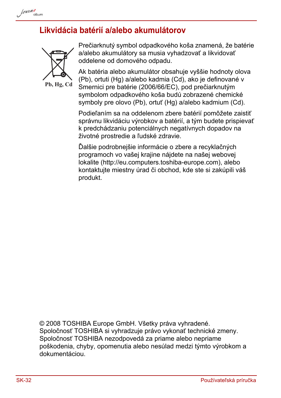 Likvidácia batérií a/alebo akumulátorov | Toshiba JournE album User Manual | Page 324 / 420