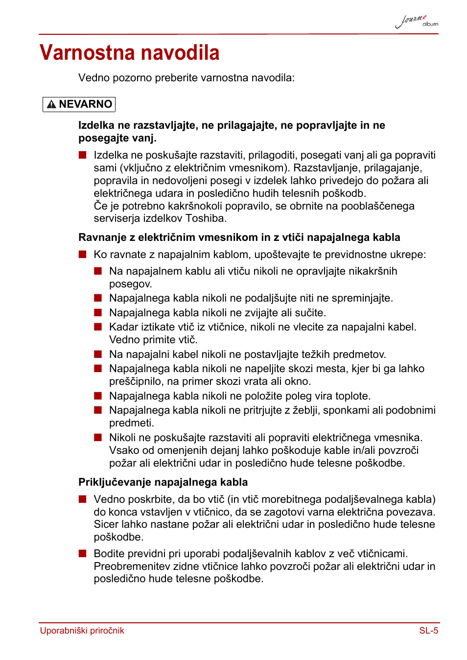 Varnostna navodila | Toshiba JournE album User Manual | Page 329 / 420