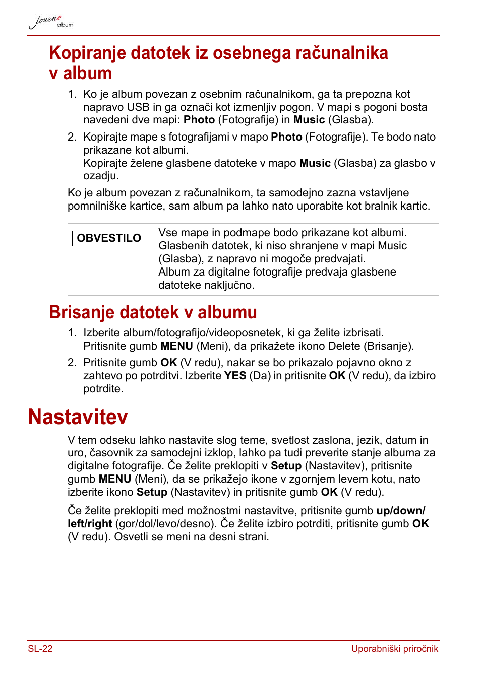 Kopiranje datotek iz osebnega računalnika v album, Brisanje datotek v albumu, Nastavitev | Toshiba JournE album User Manual | Page 346 / 420