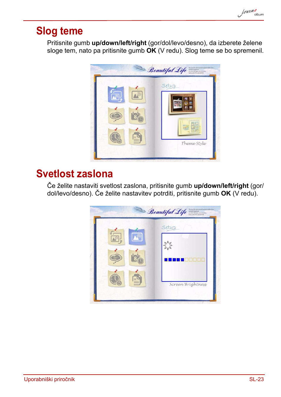 Slog teme, Svetlost zaslona, Slog teme svetlost zaslona | Toshiba JournE album User Manual | Page 347 / 420