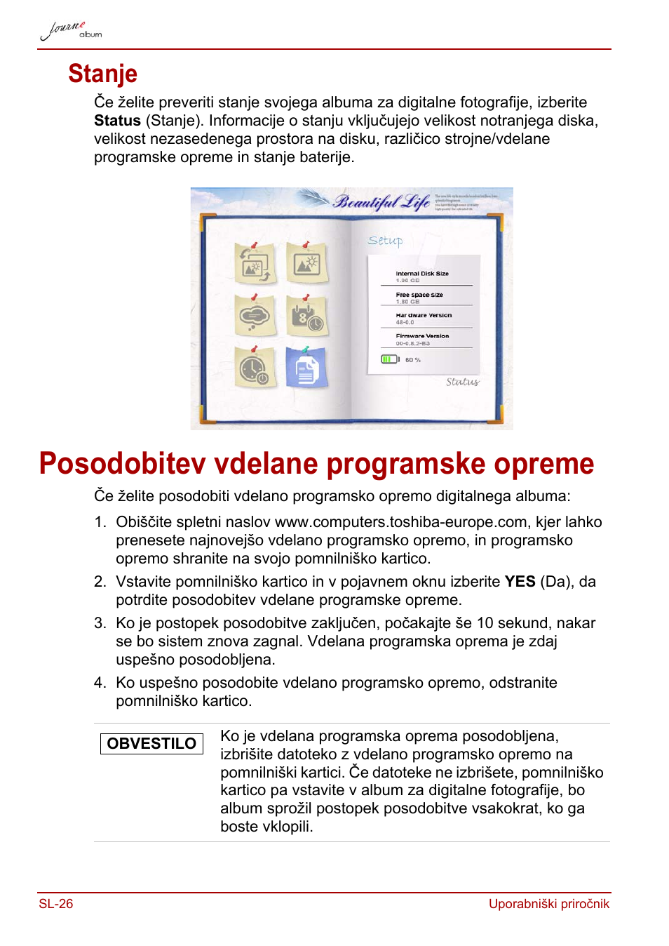 Stanje, Posodobitev vdelane programske opreme | Toshiba JournE album User Manual | Page 350 / 420