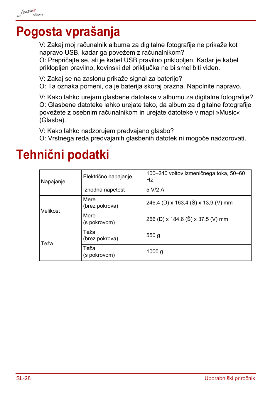 Pogosta vprašanja, Tehnični podatki, Pogosta vprašanja tehnični podatki | Toshiba JournE album User Manual | Page 352 / 420