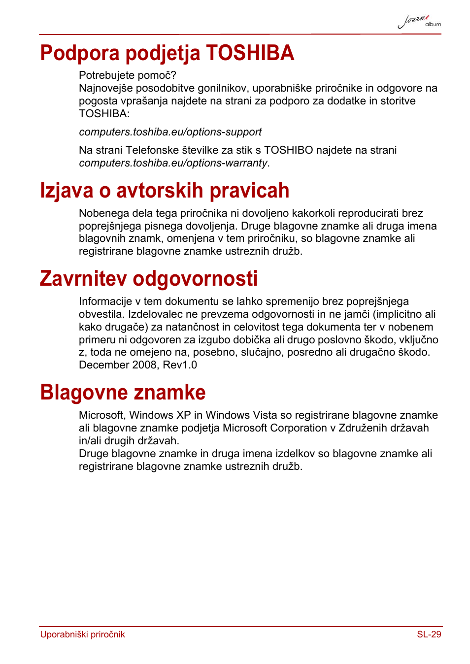 Podpora podjetja toshiba, Izjava o avtorskih pravicah, Zavrnitev odgovornosti | Blagovne znamke | Toshiba JournE album User Manual | Page 353 / 420