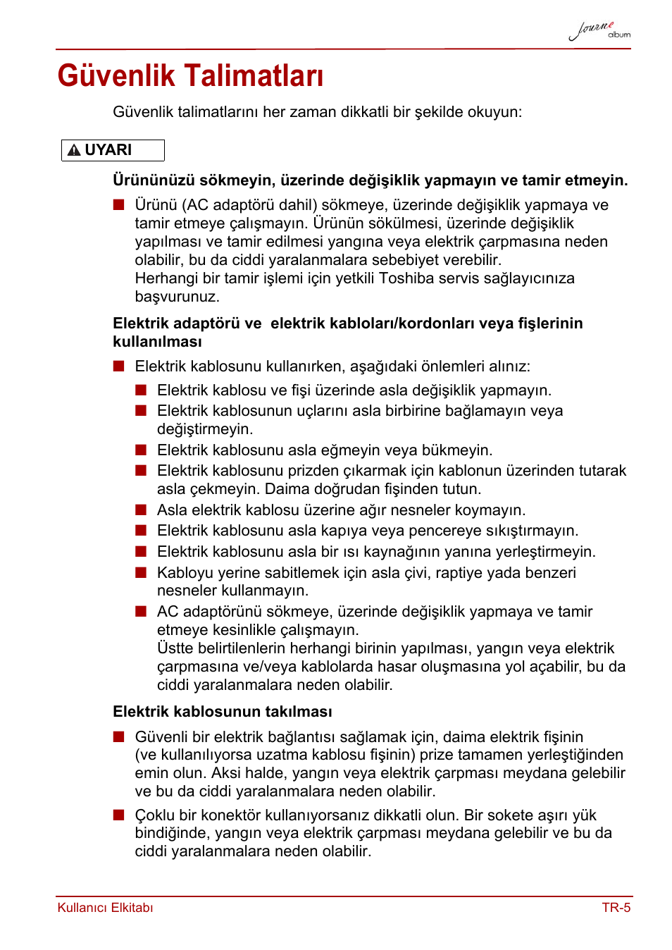 Güvenlik talimatları | Toshiba JournE album User Manual | Page 361 / 420