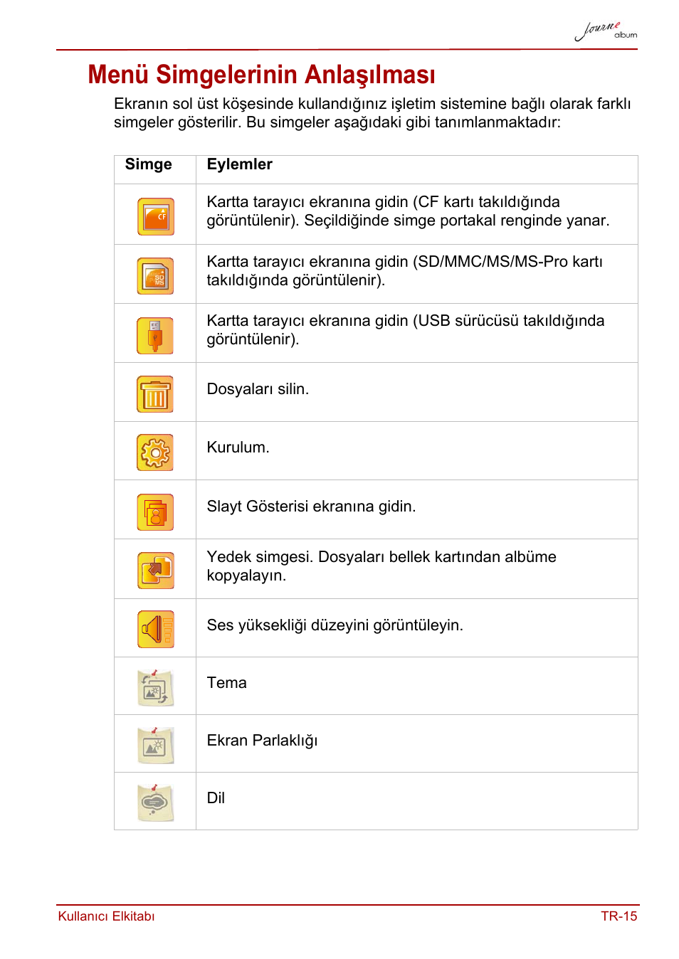 Menü simgelerinin anlaşılması | Toshiba JournE album User Manual | Page 371 / 420