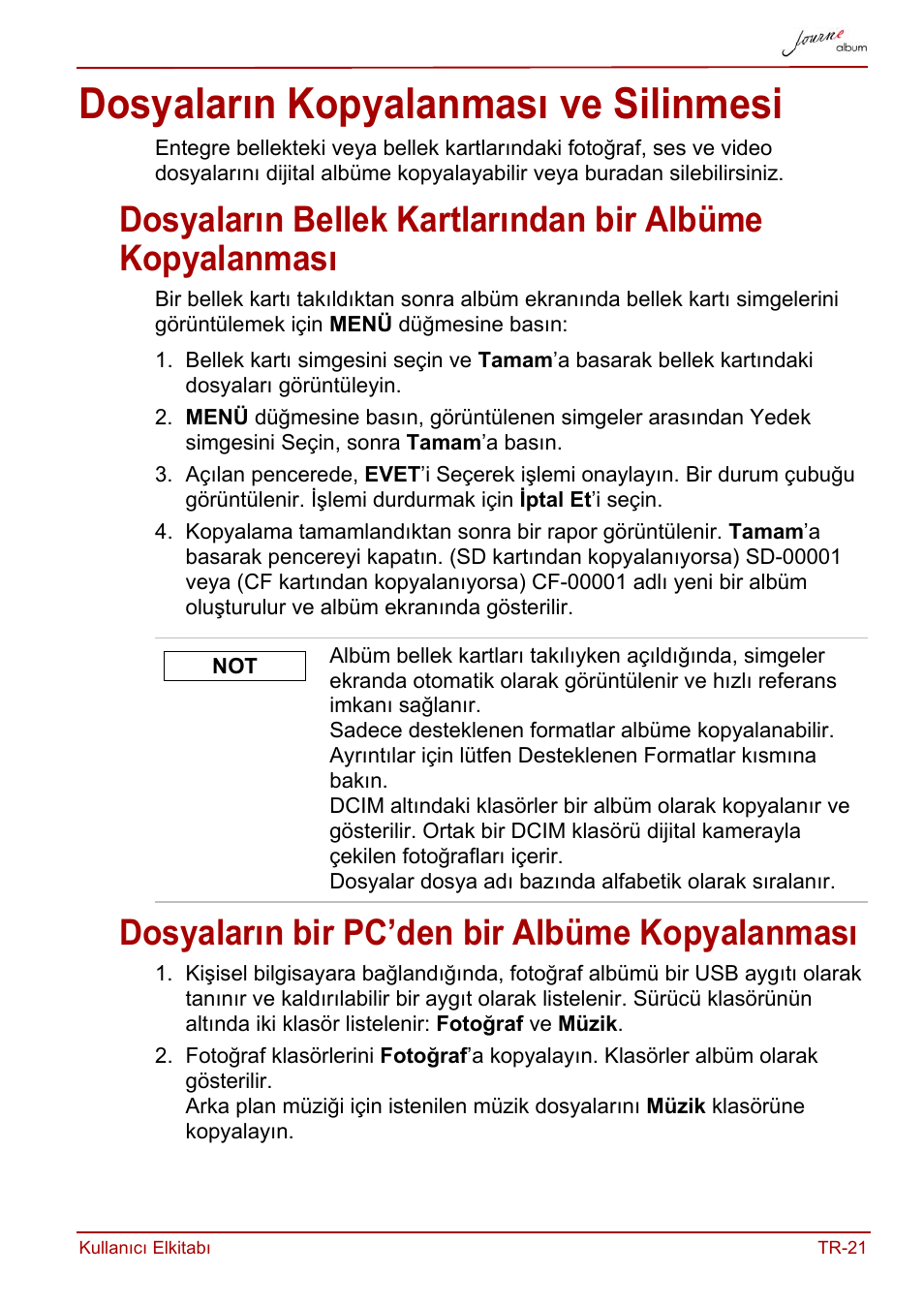 Dosyaların kopyalanması ve silinmesi, Dosyaların bir pc’den bir albüme kopyalanması | Toshiba JournE album User Manual | Page 377 / 420