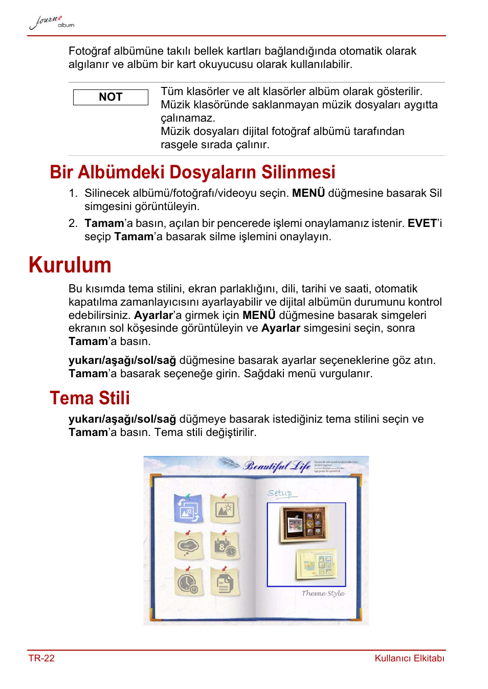 Bir albümdeki dosyaların silinmesi, Kurulum, Tema stili | Toshiba JournE album User Manual | Page 378 / 420