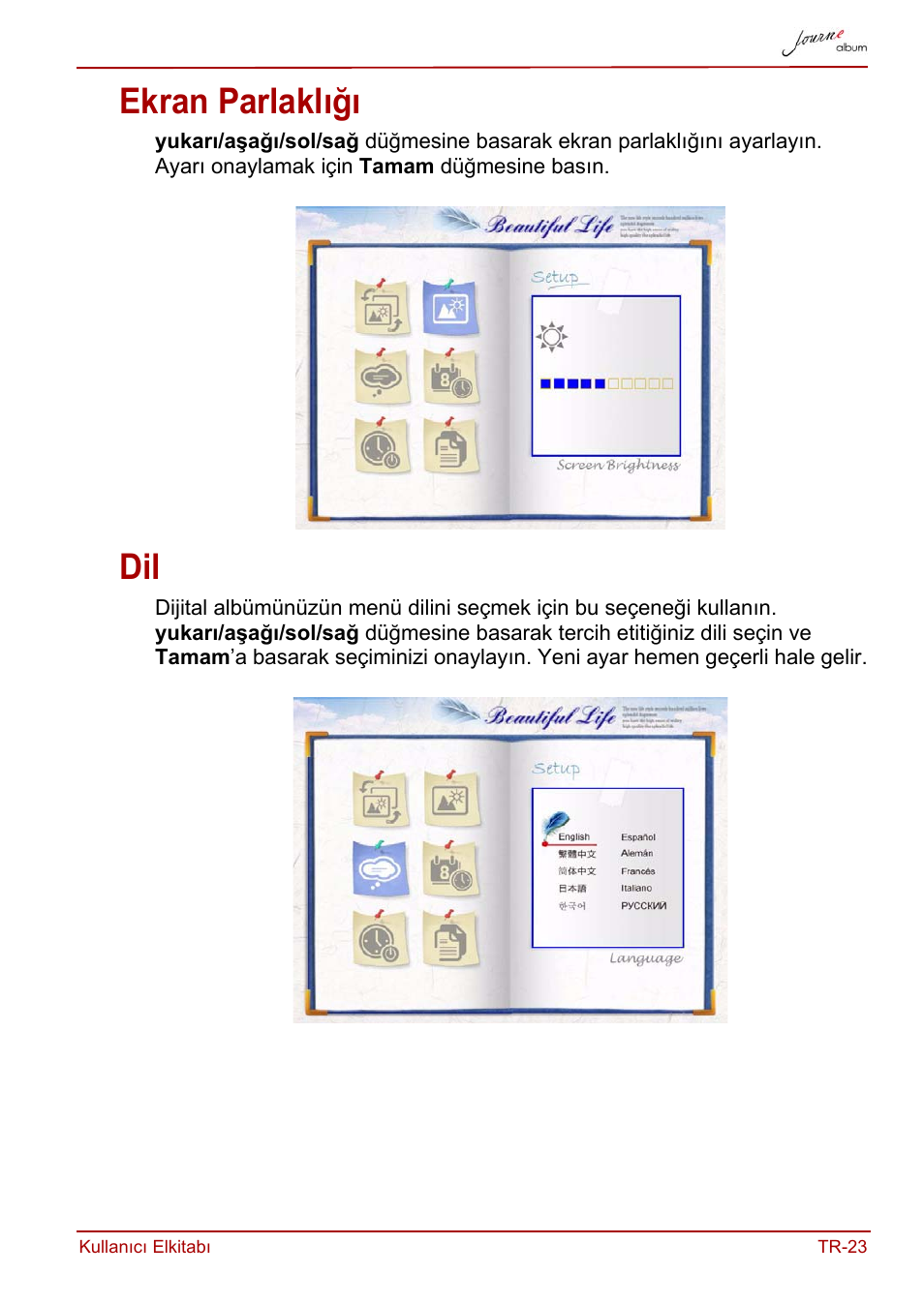 Ekran parlaklığı, Ekran parlaklığı dil | Toshiba JournE album User Manual | Page 379 / 420