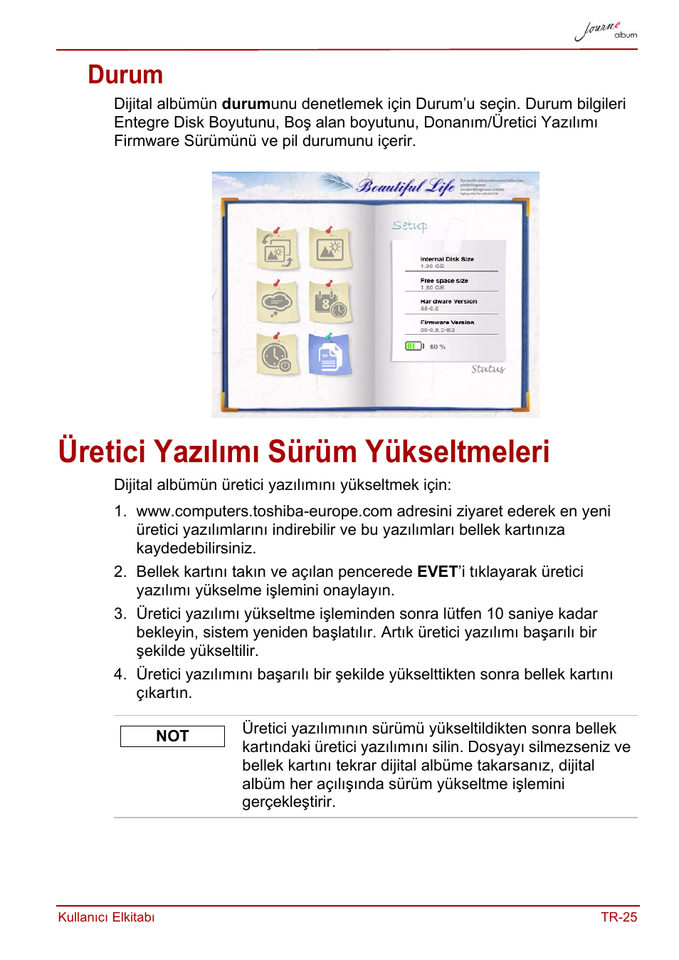 Durum, Üretici yazılımı sürüm yükseltmeleri | Toshiba JournE album User Manual | Page 381 / 420