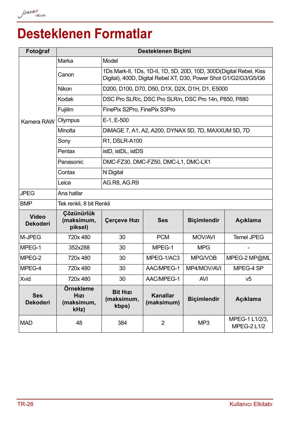 Desteklenen formatlar | Toshiba JournE album User Manual | Page 382 / 420