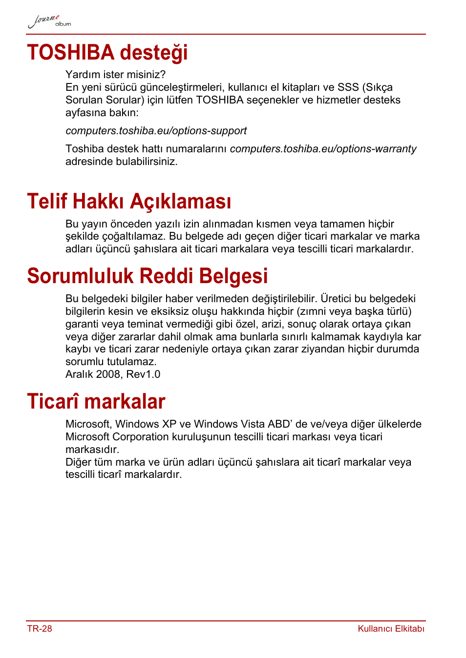 Toshiba desteği, Telif hakkı açıklaması, Sorumluluk reddi belgesi | Ticarî markalar | Toshiba JournE album User Manual | Page 384 / 420