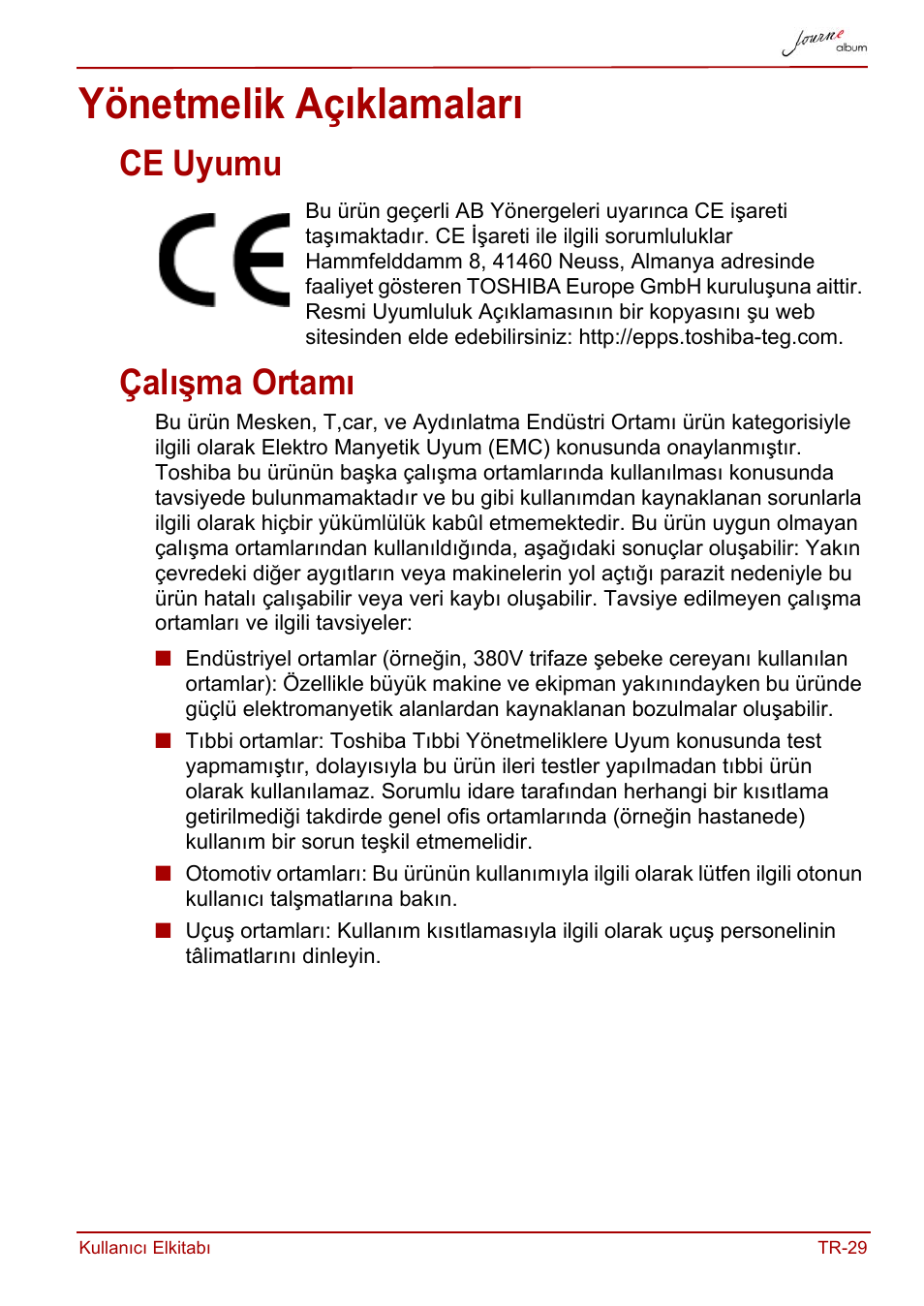 Yönetmelik açıklamaları, Ce uyumu, Çalışma ortamı | Ce uyumu çalışma ortamı | Toshiba JournE album User Manual | Page 385 / 420