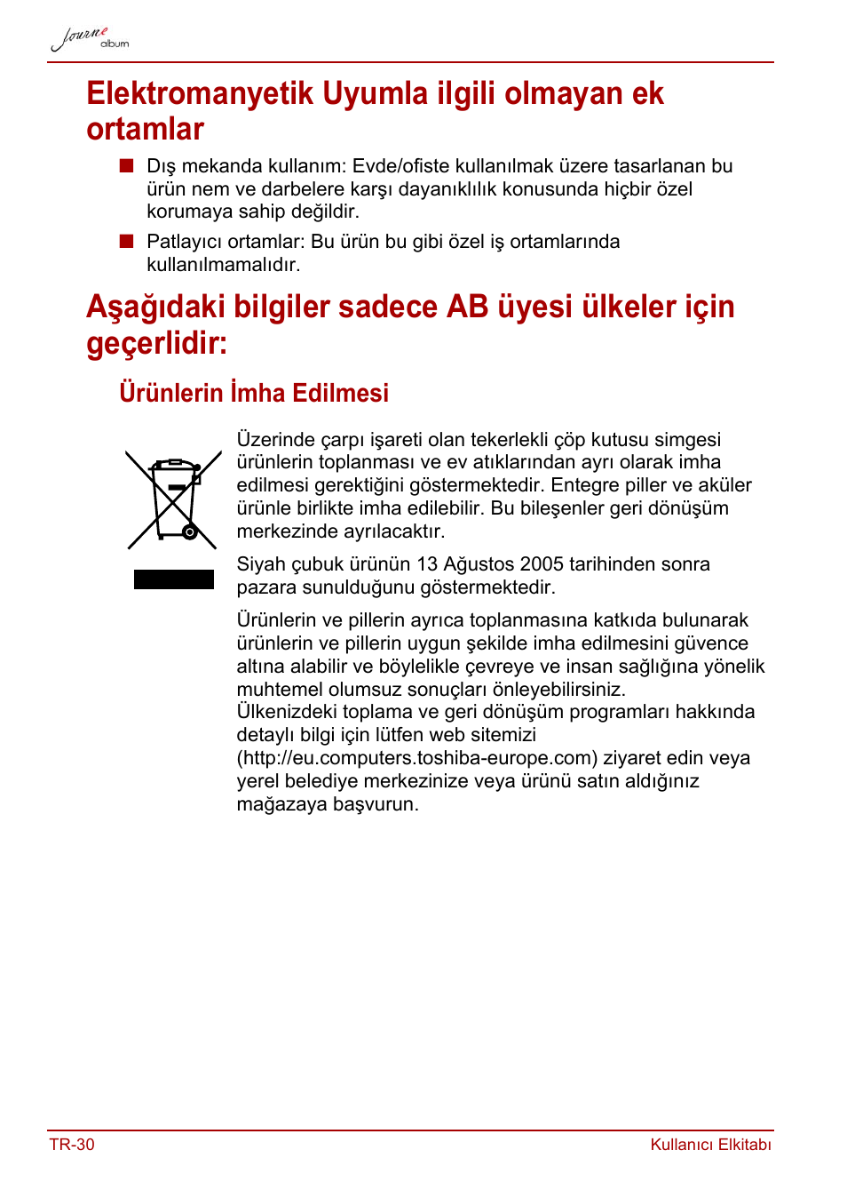 Elektromanyetik uyumla ilgili olmayan ek ortamlar, Ürünlerin imha edilmesi | Toshiba JournE album User Manual | Page 386 / 420