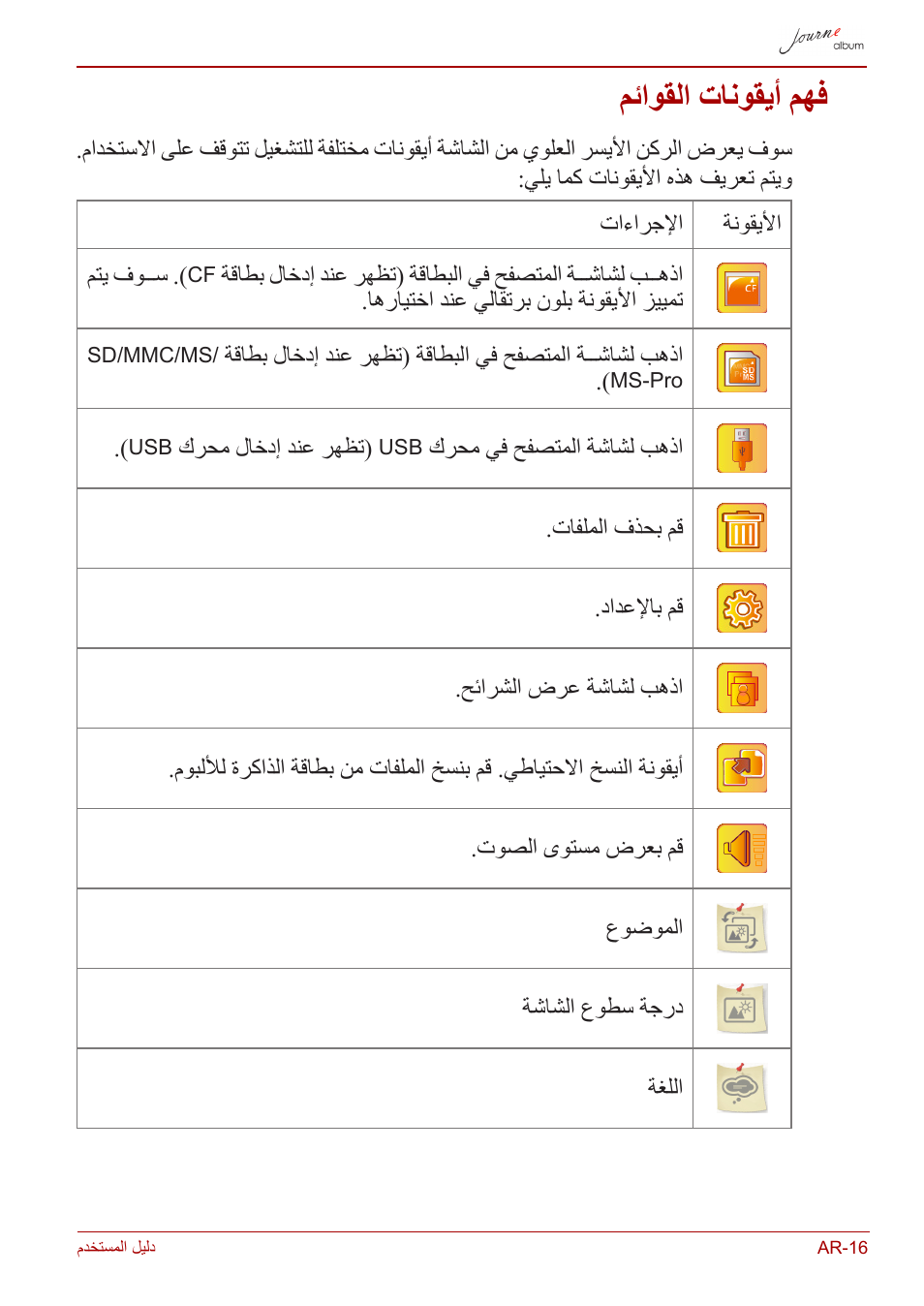 فهم أيقونات القوائم, مئاوقلا تانوقيأ مهف | Toshiba JournE album User Manual | Page 403 / 420