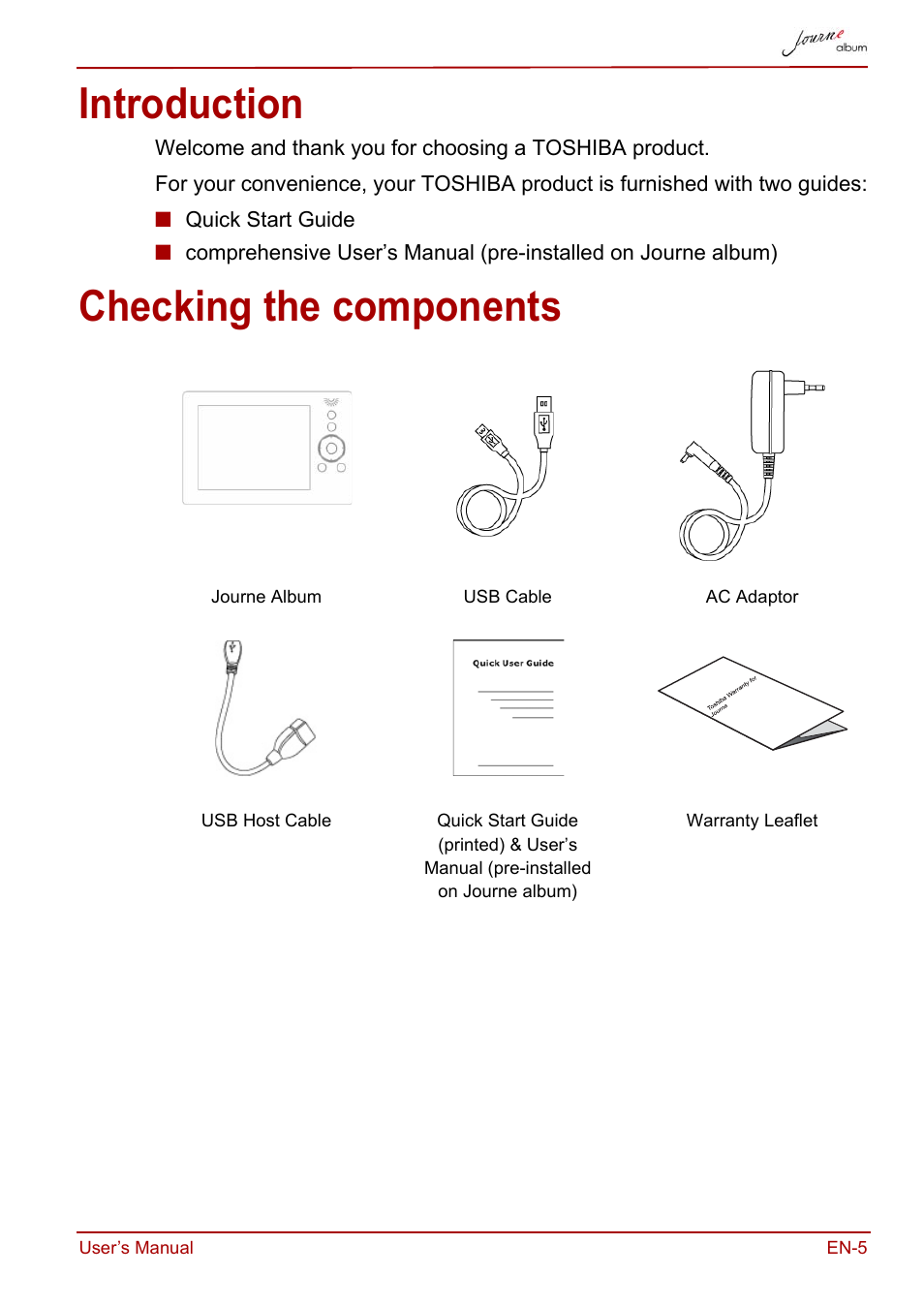 Introduction, Checking the components, Introduction checking the components | Toshiba JournE album User Manual | Page 5 / 420