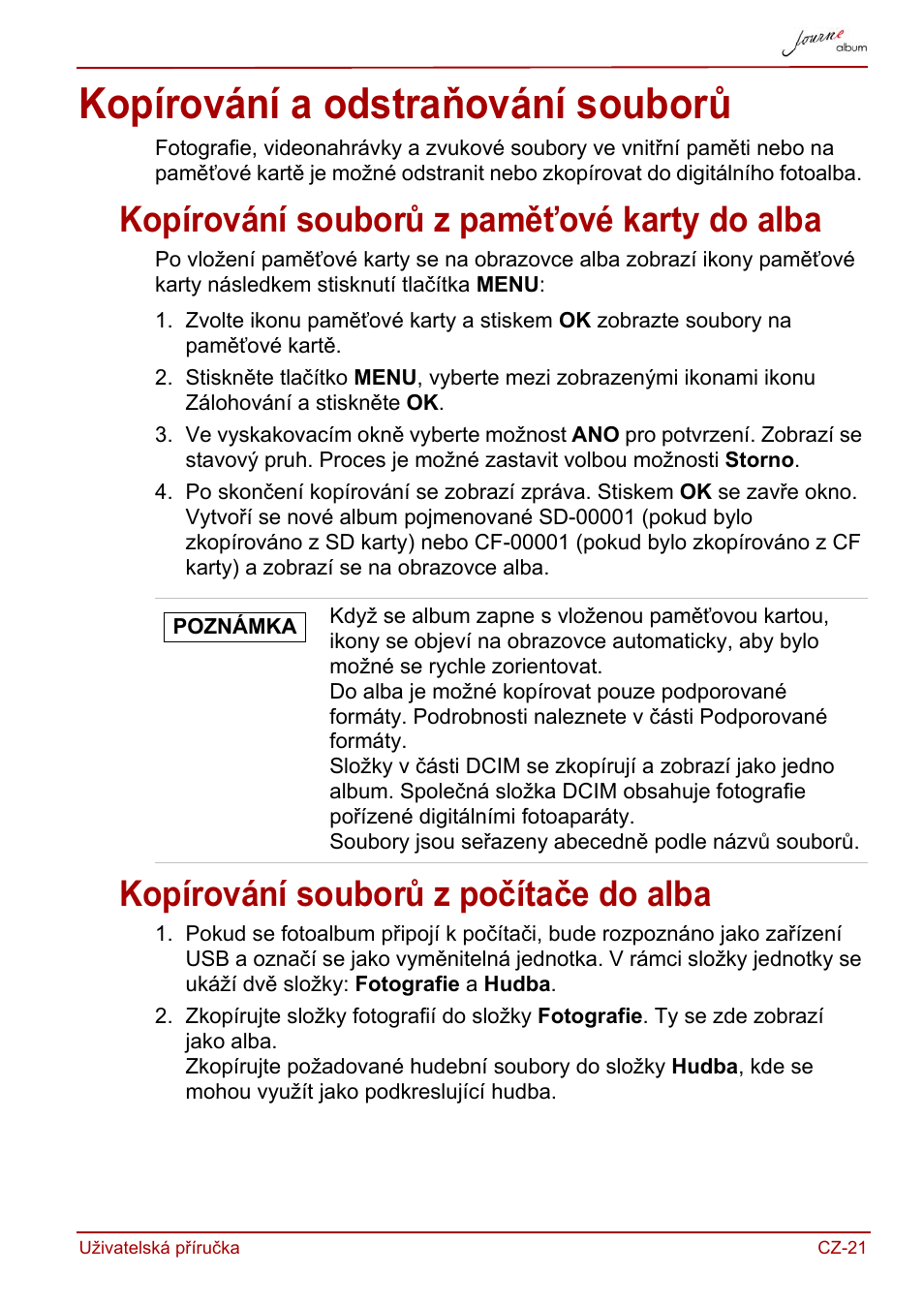 Kopírování a odstraňování souborů, Kopírování souborů z paměťové karty do alba, Kopírování souborů z počítače do alba | Toshiba JournE album User Manual | Page 53 / 420