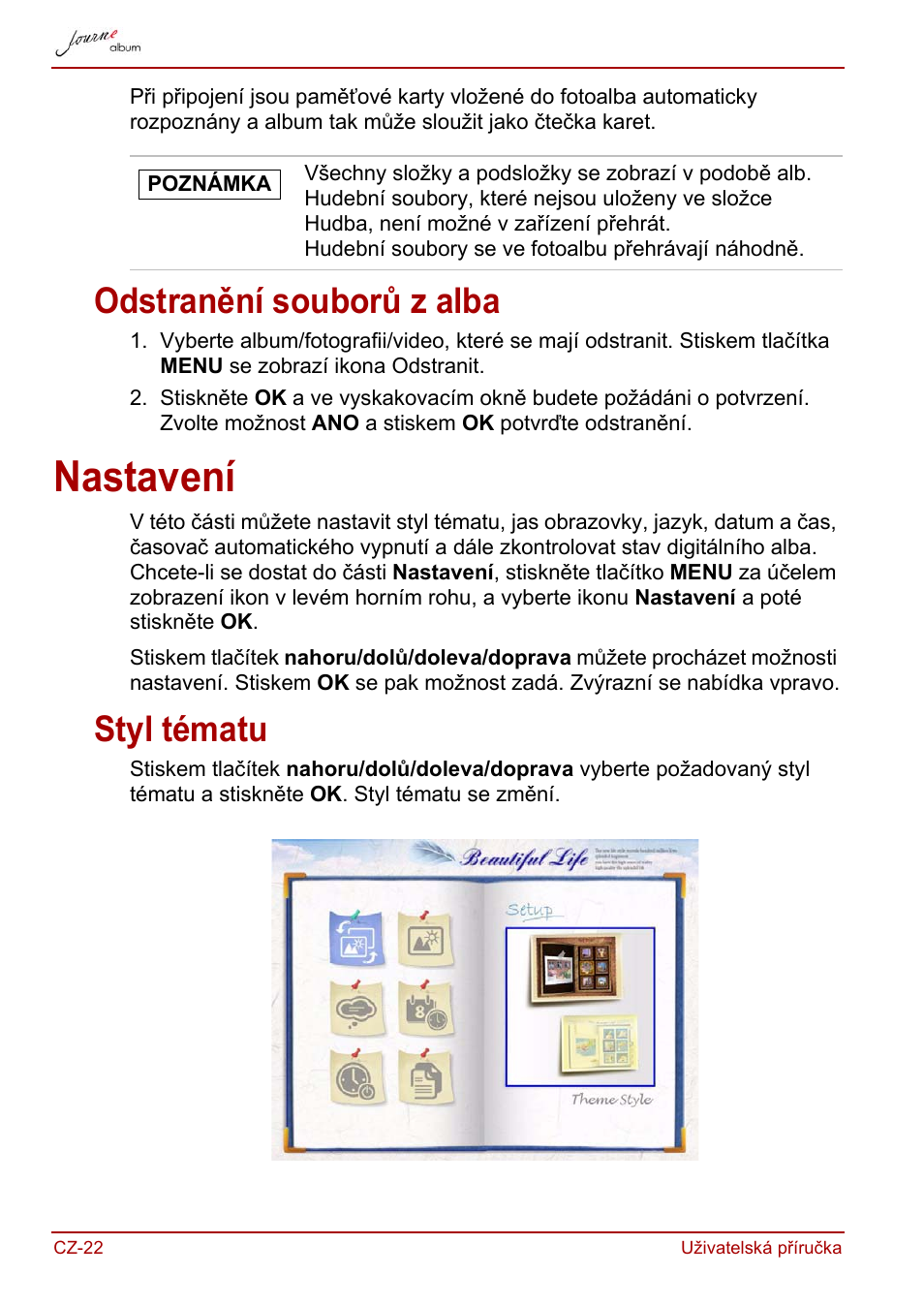 Odstranění souborů z alba, Nastavení, Styl tématu | Toshiba JournE album User Manual | Page 54 / 420