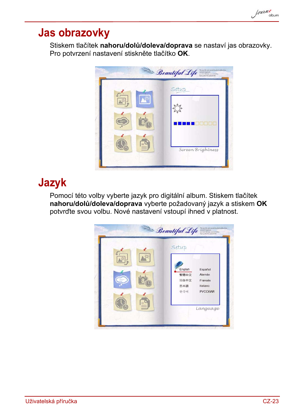 Jas obrazovky, Jazyk, Jas obrazovky jazyk | Toshiba JournE album User Manual | Page 55 / 420