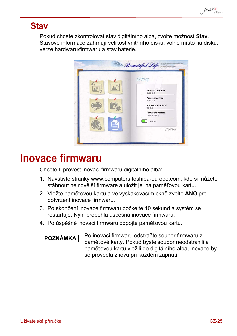 Stav, Inovace firmwaru | Toshiba JournE album User Manual | Page 57 / 420