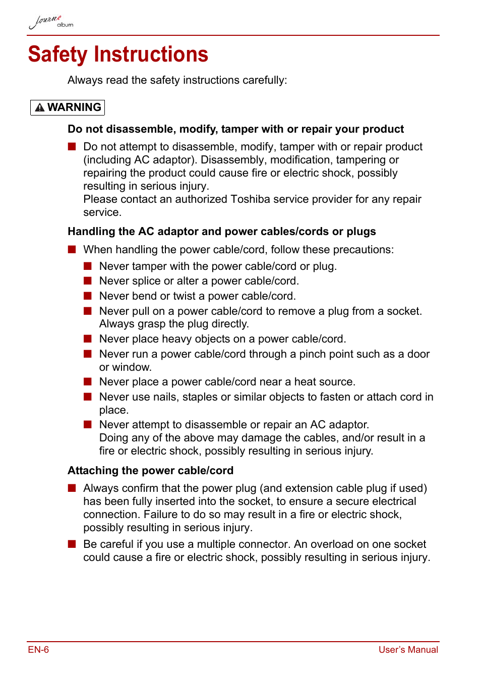 Safety instructions | Toshiba JournE album User Manual | Page 6 / 420