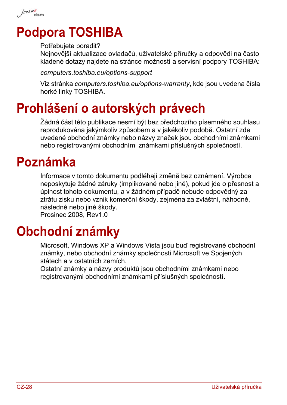 Podpora toshiba, Prohlášení o autorských právech, Poznámka | Obchodní známky | Toshiba JournE album User Manual | Page 60 / 420